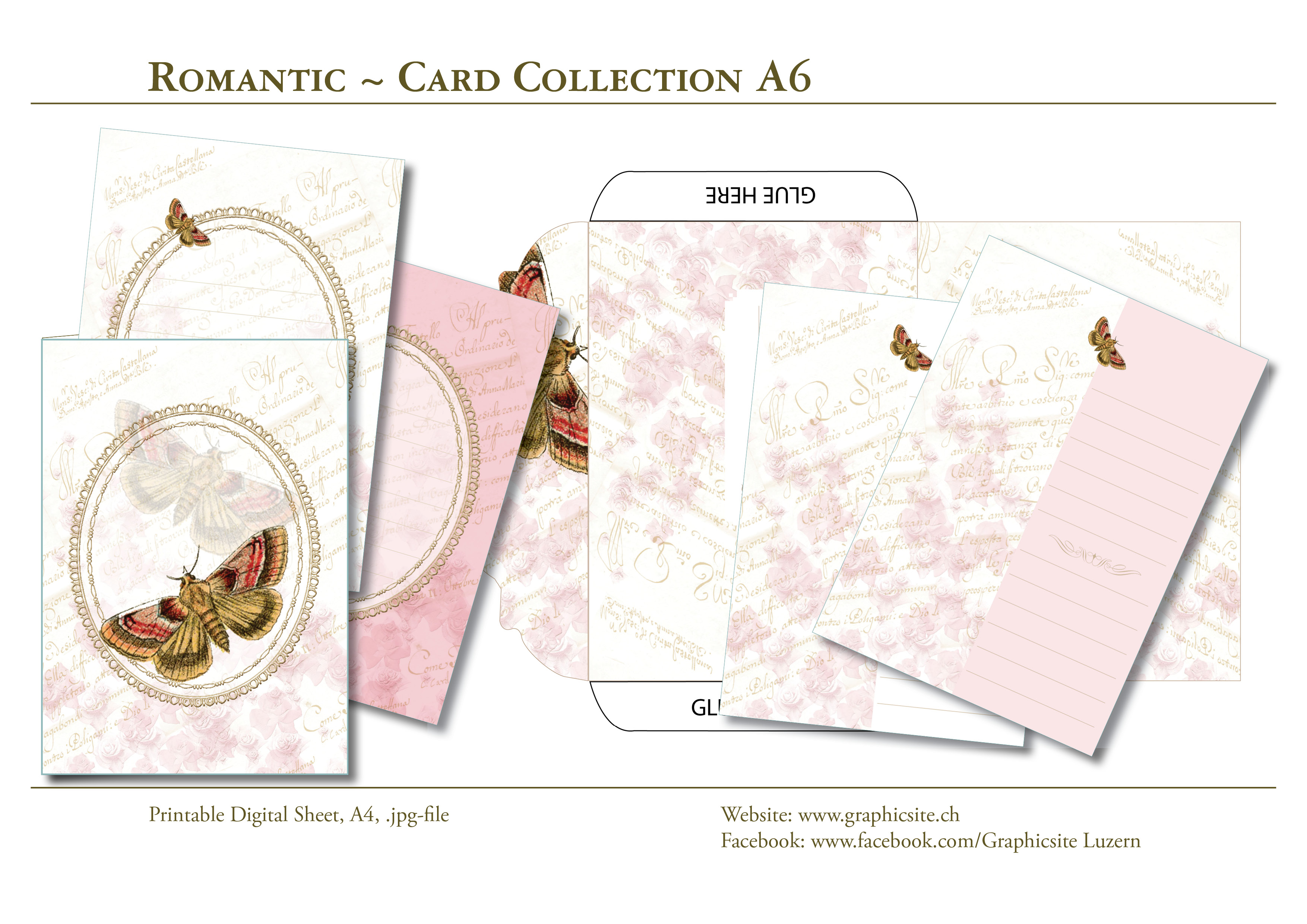 Printable Digital Sheets - Scrapbooking - Greeting Cards, Cards, Envelope, Flowers, Romantic Roses, Graphic Design, Luzern, Schweiz,